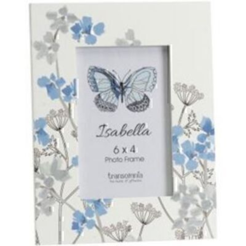 Blue and Grey Flowered Isabella Photo Frame by Transomnia. White photo frame with blue and grey drawn images of flowers surrounding the frame. Holds 6 x 4 pictures. A beautifully summery photo frame. Size: 22 x 17 x 1.2cm